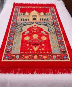 Red Islamic Prayer Rug with Mosque Design
