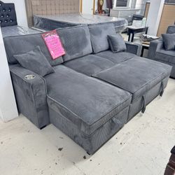 🇺🇸Dark Corduroy Reversible Sectional Charging Ports Cup Holders Pull Out Bed 💫