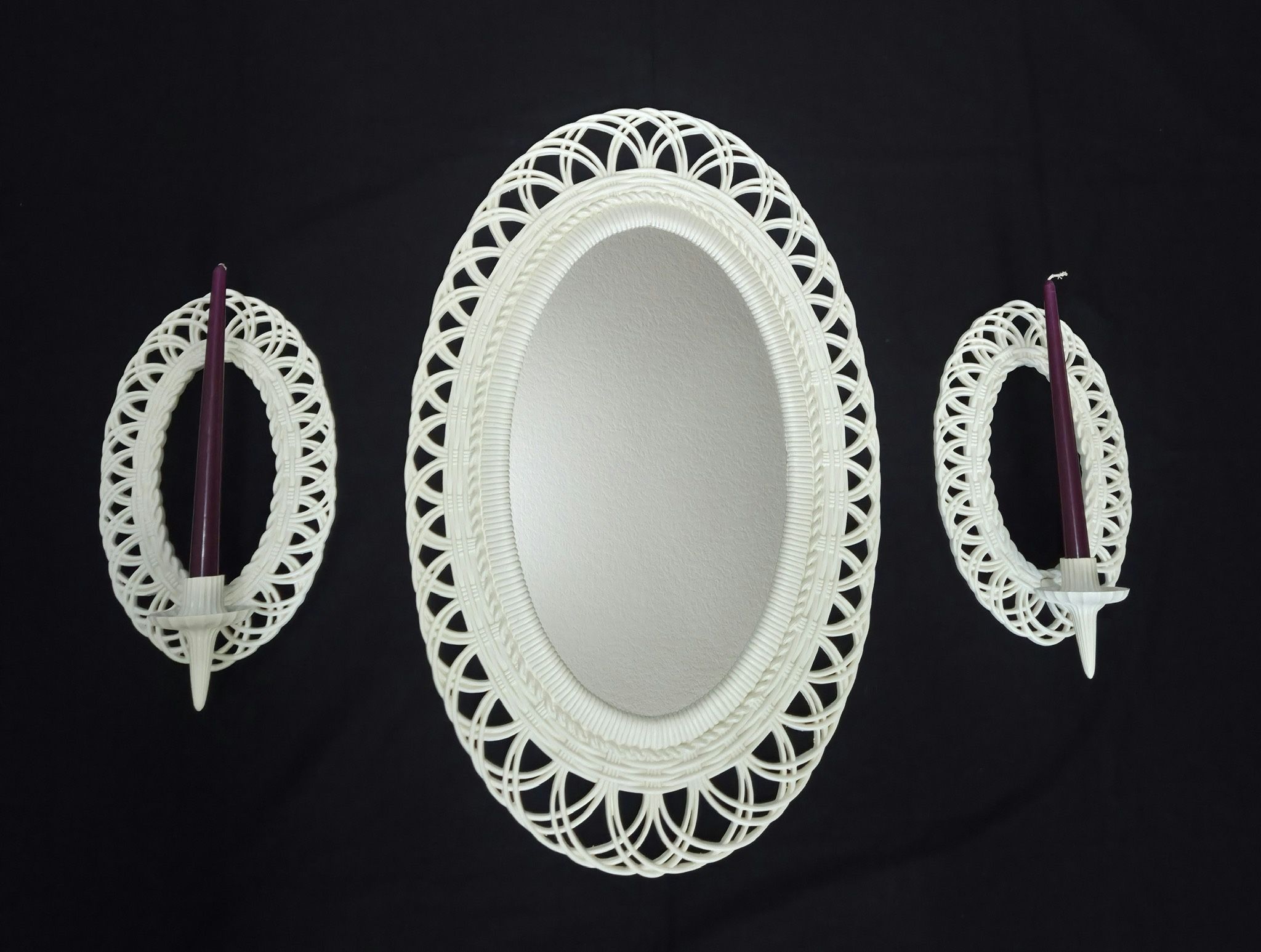 70s Burwood Faux Ratan Wall Mirror(30"x19") & 2 Sconces(15"x8.5"x5)White Plastic