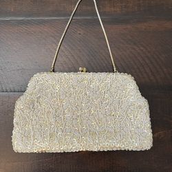 Vintage 1950s Ivory Beaded Clutch Handmade in Hong Kong
