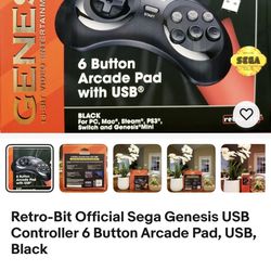 Retro-Bit Sega Genesis 6 Button Arcade Pad USB Black 10ft