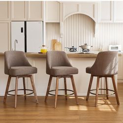 New in box Counter Height Bar Stools,Grey-Colored Linen Comfort Fabric Bar Stool Set of 3，360° Swivel Counter Height Stools Solid Wood Legs,27'' Barst