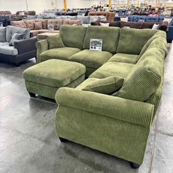New Sage 99x99 Corduroy Sectional Couch With Ottoman / Free Delivery