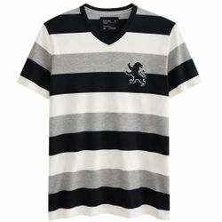 Express Jersey Men’s V-Neck T-Shirt Medium Black Gray White Striped Lion Logo Casual Tee