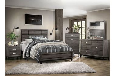 Brand new grey queen bedframe, dresser, mirror, nightstand