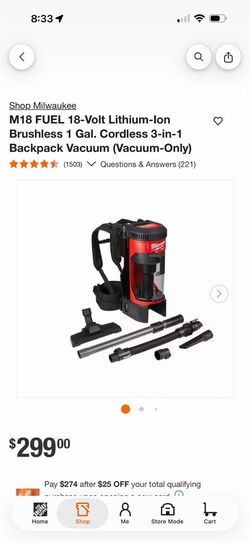 M18 FUEL 18-Volt Lithium-lon Brushless 1 Gal. Cordless 3-in-1 Backpack Vacuum (Vacuum-Only)
