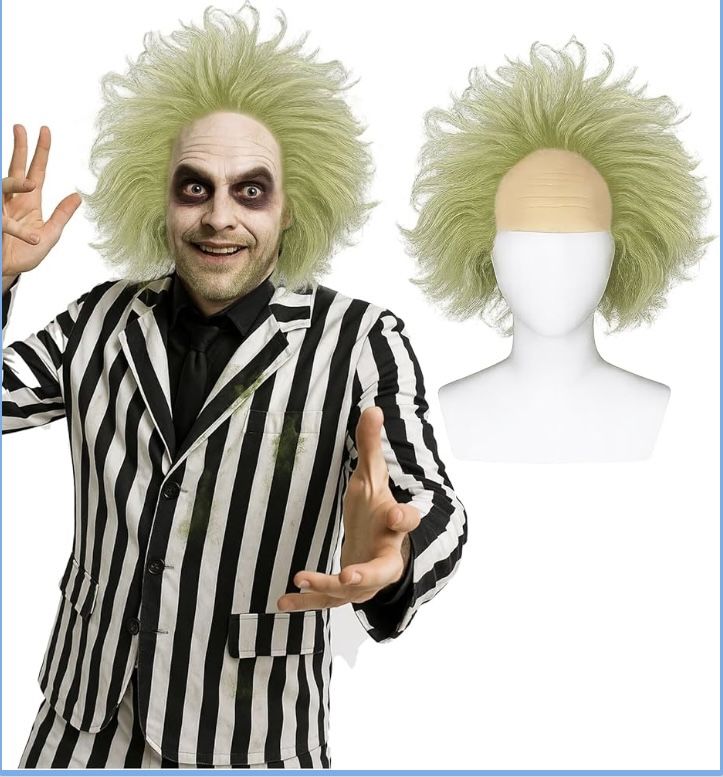 Green Cruly Wig for Men - Cosplay Wig for Halloween, Costume, Party and Daily Use with Elastic Wig Cap (Wig-02)