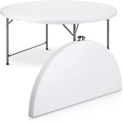 MoNiBloom 5.5Ft Round Folding Table, Indoor Outdoor Plastic Dining Card Table with Handle and Lock for Picnic Party Banquet Wedding, White