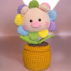 Unique Rainbow Petal Pig Flower in a Pot Handmade Crochet Cute Gift Decoration