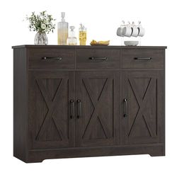 A452 $130 Modern Farmhouse Buffet Sideboard Cabinet, Barn Doors Storage Cabinet with Drawers and Shelves, Wood Coffee Bar with Storage for Dining Roo