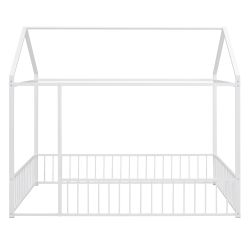 Full Size Metal Bed House Bed Frame with Fence, for Kids, Teens, Girls, Boys,White
