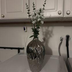 Silver Vase W Fake Plant Decor 