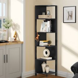 6-Tier Corner Shelf, Modern Free Standing Zigzag Open Shelf Corner Bookshelf and Bookcase for Living Room, Home Office,Black