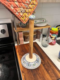 Paper Towel Holder -- Boho, Wood and Ceramic