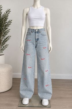Fashion Paris Wide Leg Jeans Embroidered Have Light Wash