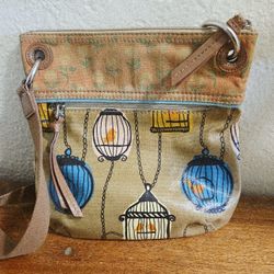 Vintage Fossil Key-Per Coated Canvas Bird Cage Crossbody Purse Handbag Adjust Strap READ AS-IS