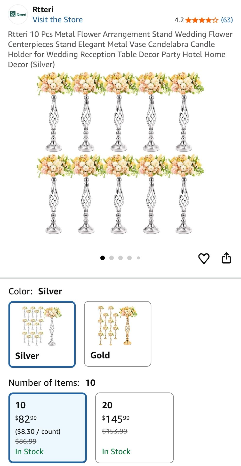 Rtteri 10 Pcs Metal Flower Arrangement Stand Wedding Flower Centerpieces Stand Elegant Metal Vase Candelabra Candle Holder for Wedding Reception Table