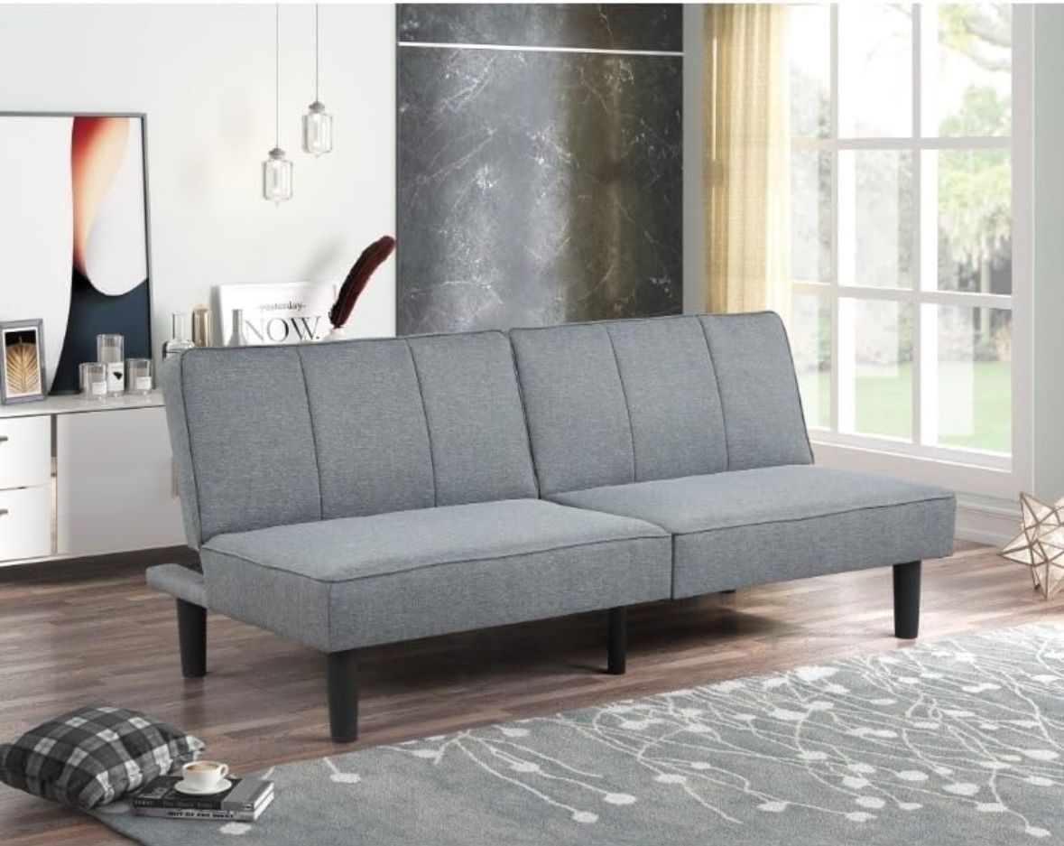 Mainstays Studio Futon, Gray Linen Upholstery Convertible Futon Sofa Bed, Upholstered Sofa Couch, Recliner Loveseat Folding Daybed for Small Space, Ho