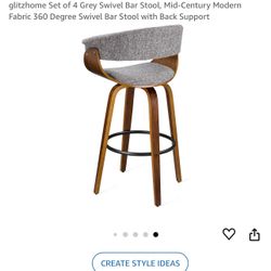 Glitzhome 4 Set Swivel Bar Stool, 29.5" H Bar Height Mid Century Modern Grey Fabric Wooden Bar Chair with Back Support