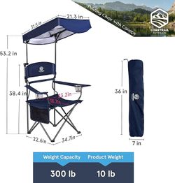 Outdoor Canopy Camping Chair Multi-Position Adjustable Folding Shade Chair SPF 50+ Sun Protection with Cup Holder & Storage Pockets, Patio, Blue,Extra