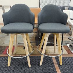 26 inch Counter Bar Stool in Grey Fabric, Wood & Chrome Metal (Set of 2)