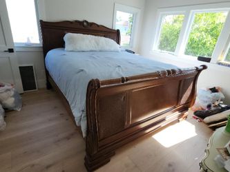 Cal King wood sleigh bed frame, box spring and mattress