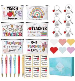 sixwipe 30 Pcs Teacher Appreciation Gifts Bulk, Included Teacher Gifts Makeup Cosmetic Bags, Bookmarks, Teachers Keychain, and Thank You Card for Wome