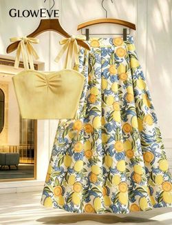 Women's Lemon Print Tie Strap Casual Boho Elegant Camisole Top Skirt 2 Pieces Set