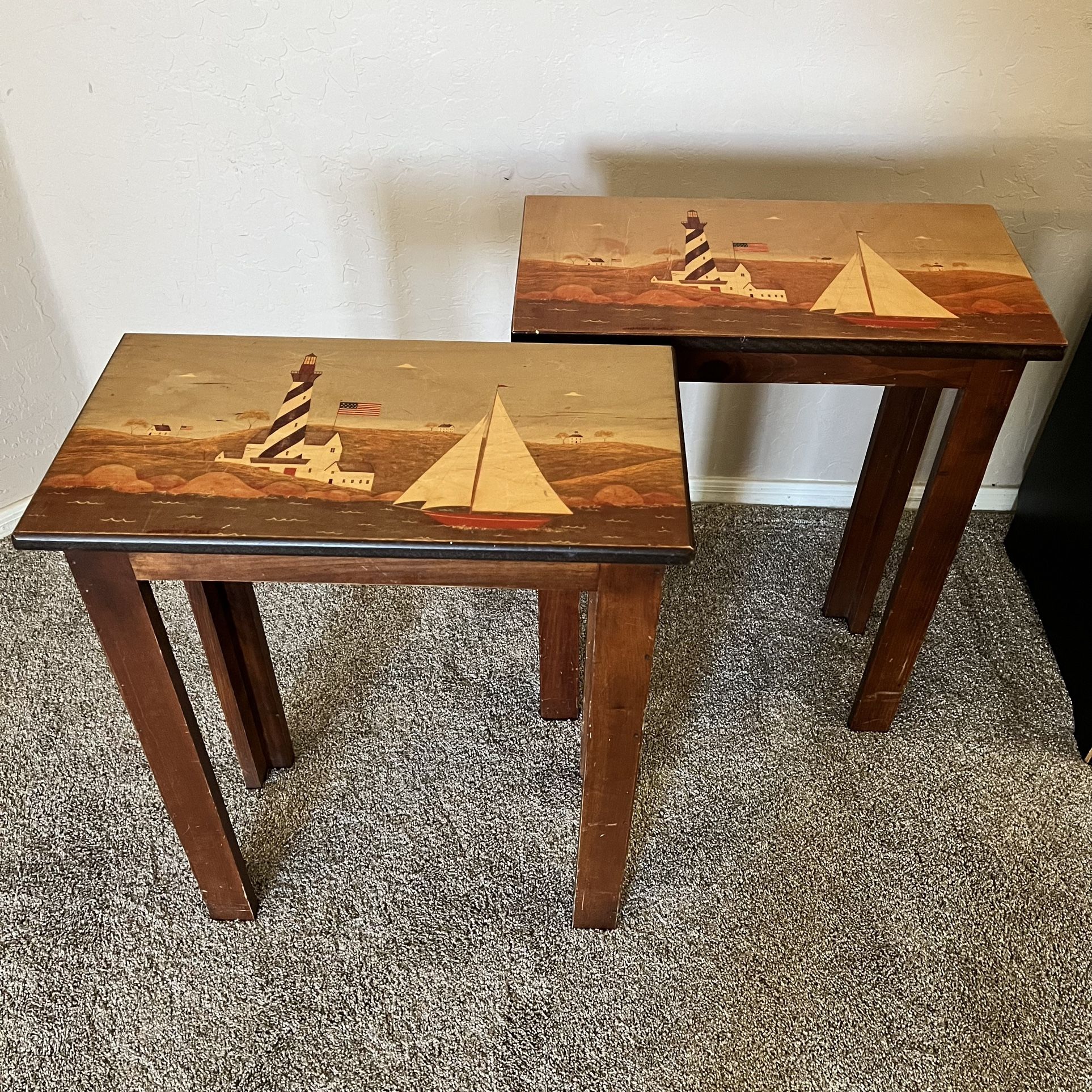 Vintage Art Set Of 2 Warren Kimble Lighthouse Painted Side Tables