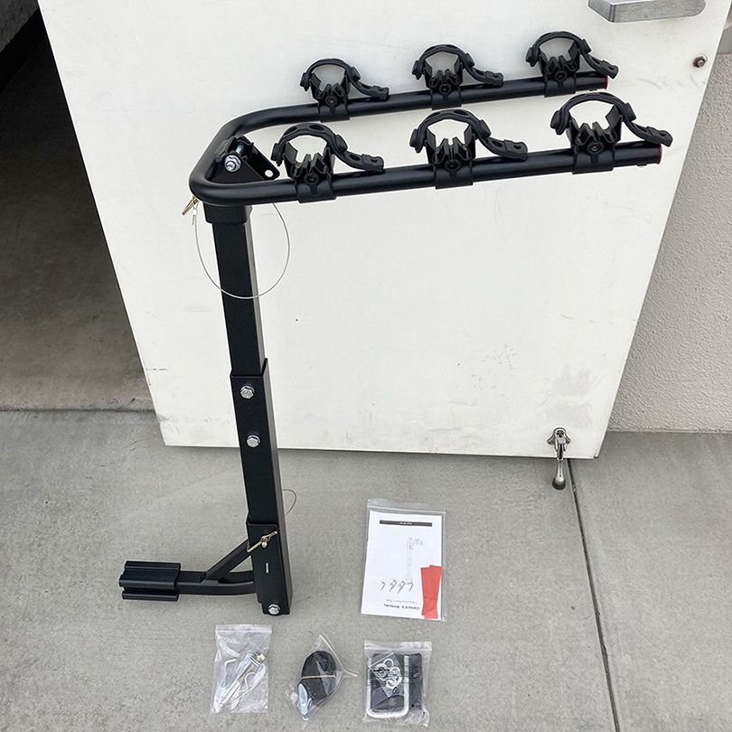 (New in Box) $65 Tilt Folding 3-Bike Mount Rack Bicycle Carrier 2” Hitch 110lbs Max w/ No-Wooble U Bolt & Straps