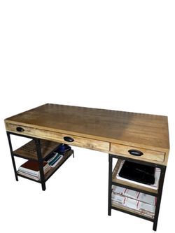 Industrial Rustic Wood Desk with 3 Drawers & Storage Shelves