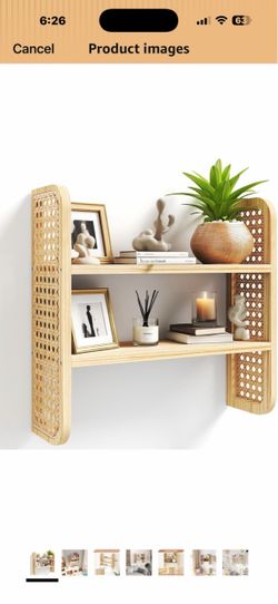 2-Tier Natural Rattan Wall Shelf, Cute Hanging Book Shelves Storage, Decorative Natural Display Shelves, Boho Floating Shelf for Nursery, Bedroom, Liv