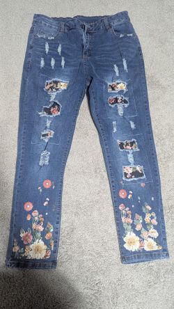 Jeans for Womens Ripped Floral Patchwork Jeans Destroyed Slim Fit Denim Pants Size XL