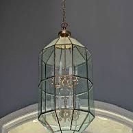 Large Octagonal Bent Beveled Glass and Gold Plated Lantern Style Pendant Chandelier