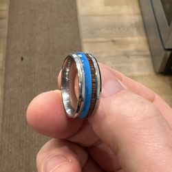 Silver, Blue and Wood Inlaid Ring (Size 10)