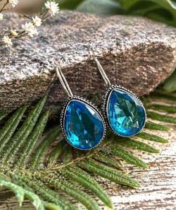 Teardrop Blue Topaz Silver 1.3” Earrings