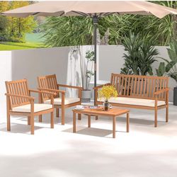 4 Piece Patio Wood Furniture Set, Acacia Wood Sofa Set w/Loveseat, 2 Chairs & Coffee Table, Soft Seat Cushions, Outdoor Wood Furniture Set for Porch, 