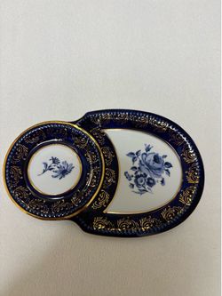 Vintage porcelain hand painted blue floral trinket dish made in check republic