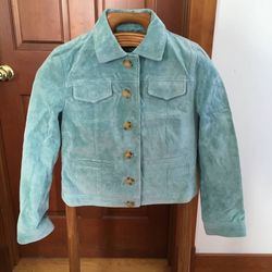 Vintage Turquoise Blue Suede Womans Leather Jacket Coat Sz 4P