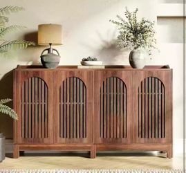 JW0983 57-Inch Sideboard Cabinet with Adjustable Shelf, Vintage Brown Wooden Buffet with Fence Doors, 2-Tier Large Accent Table for Living Room, Kitch