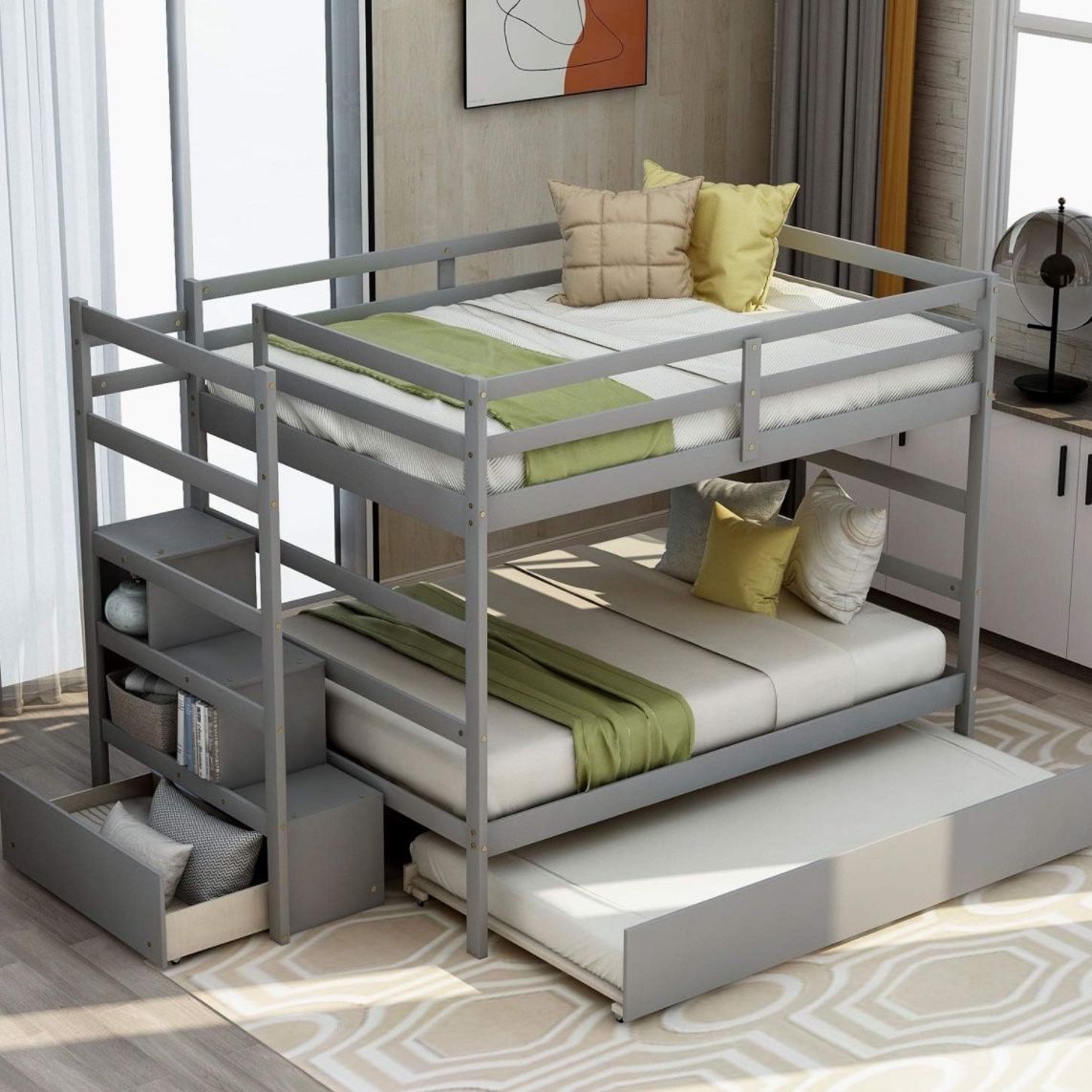 Gray Full Over Full Bunk Bed w/ Staircase & Trundle  [NEW IN BOX] **Retails for $990 ^Assembly Required^ 