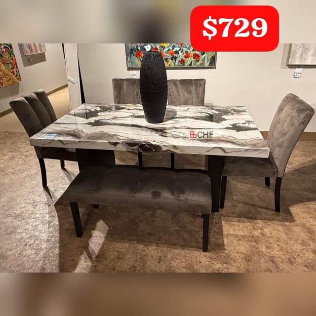 Modern Faux Marble Top 6 Piece Dining Table Set - September Sale