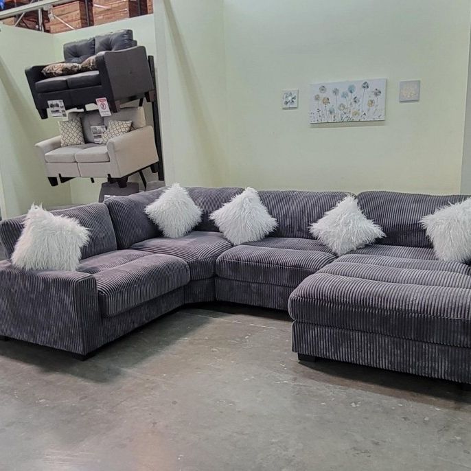 
✅️"4 pc grey wide welt cordury fabric upholstered modular sectional sofa with chaise"