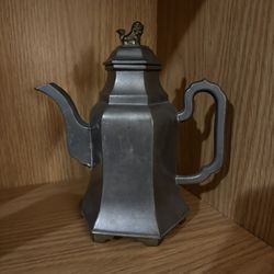 Chinese Pewter Teapot W/ Brass Dog on Lid