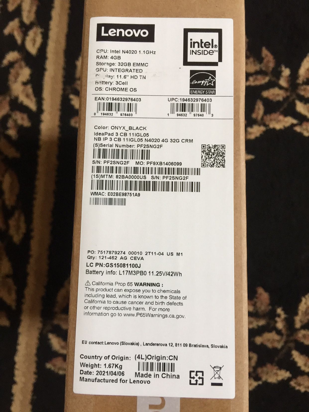 Lenovo IdeaPad 3 Intel N4020 1.1GHz 4GB 32GB EMMC 11.6” ONYX _Black Chromebook Brand New