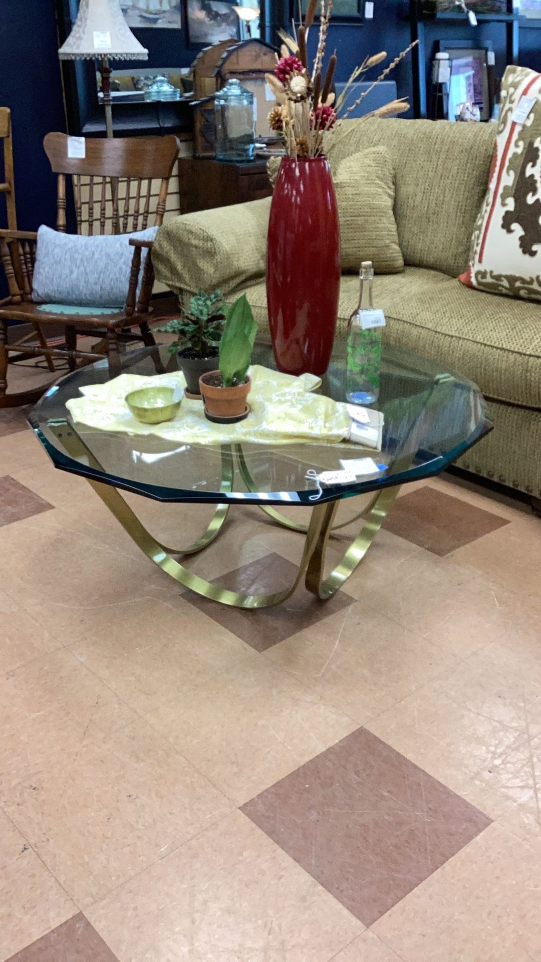 Mcm Metal Base Beveled Glass Coffee Table