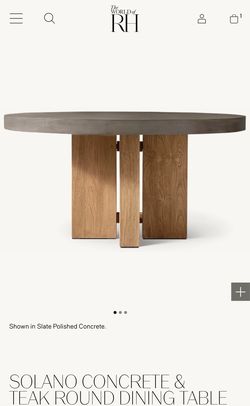 RH RESTORATION HARDWARE SOLANO CONCRETE & TEAK ROUND DINING TABLE 48’: Retail $8795