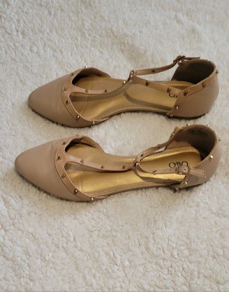 WOMENS CATO FLAT POINTED TOE BALLET SHOES KHAKI WITH GOLD STUDS SIZE 11