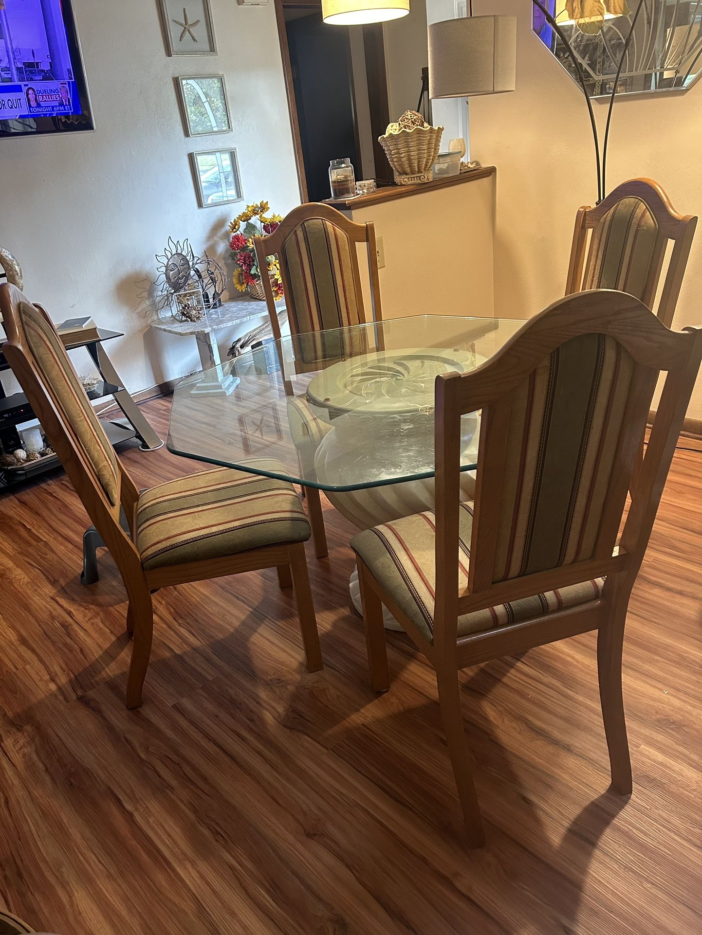 GLASS OCTAGON Shaped Dinette Set With 4 Wooden Upholstered Cushioned Chairs