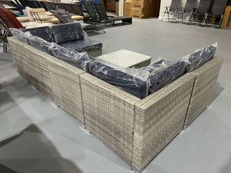 M-New 7-Piece Modular Outdoor Sectional Wicker Patio Conversation Set w/ 2 Pillows, Coffee Table, Cover Included - Gray/Navy $395